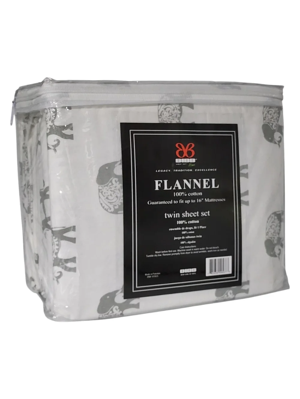 BIBB Home Twin Size Ivory Cotton Flannel Sheet Set‎ of 3pc With Gray Elephants